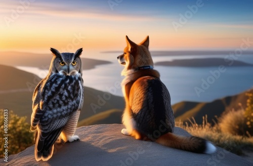 An owl and a dog are sitting on the top of a hill, the owl is looking at the camera, a beautiful view of the bay