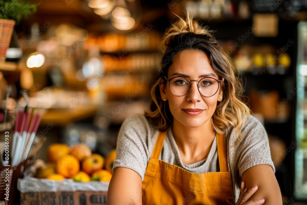 Portrait of a smiling woman with eyeglasses, wearing an apron and standing confidently in a cozy local cafe or bakery.