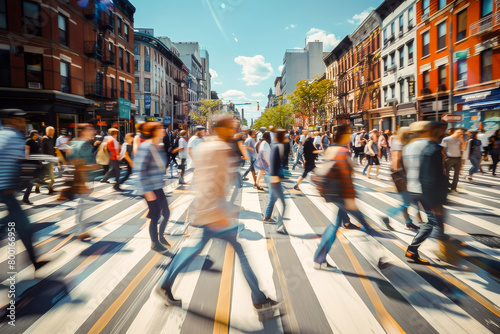 A bustling city scene with busy pedestrians crossing the street on a sunny day, showing the vibrancy of urban life.