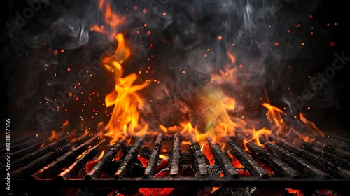 Intense Flames and Smoke Dancing on a Barbecue Grill. Fiery Cooking, Heat Concept. Charcoal BBQ in Action. Perfect for Culinary Backgrounds. AI