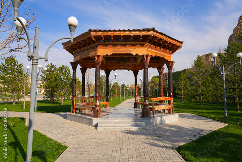 Wooden gazebo in the Khoja Doniyor (Saint Daniel) Park on the side of the Afrosiyab Hill in Samarkand, Uzbekistan