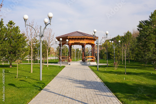 Wooden gazebo in the Khoja Doniyor (Saint Daniel) Park on the side of the Afrosiyab Hill in Samarkand, Uzbekistan