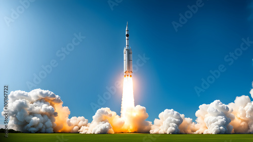 A rocket being launched against a blue sky background, manned spaceflight, science and technology, aerospace, space exploration
