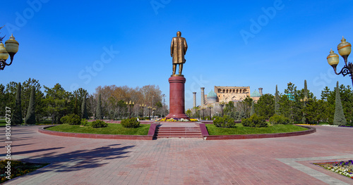 Statue of Islam Karimov, the former president of the Uzbek Soviet Socialist Republic from 1989 until his death in 2016, as seen in Tiger Park behind the Registan Square in Samarkand, Uzbekistan photo