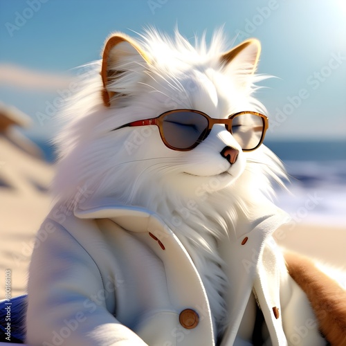 White cat with glasses and jacket on the beach
