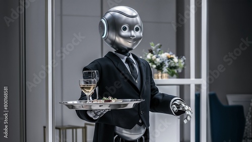 Sophisticated robot butler in a suit serving wine and hors d'oeuvres, depicting luxury service and advanced hospitality technology