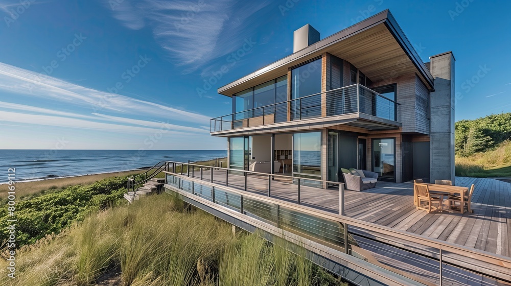 Minimalist beach house with a wrap-around deck and oceanfront views
