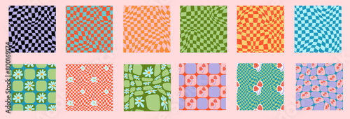Psychedelic checkerboard and daisy background set. Wavy vector illustrations, trendy psychedelic style and groovy color checkerboard.