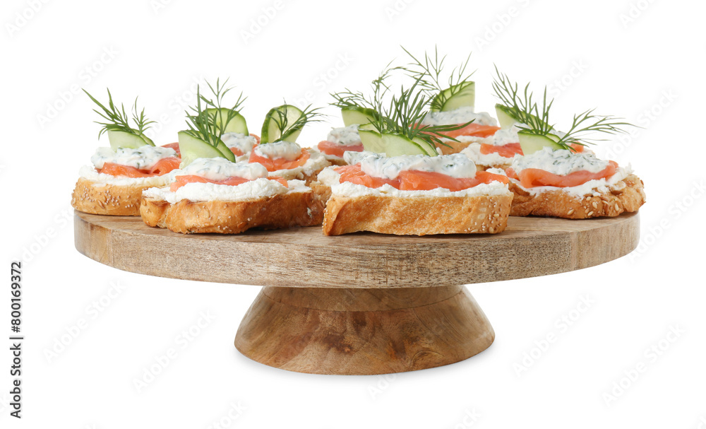 Tasty canapes with salmon, cucumber, cream cheese and dill isolated on white Tasty canapes with salmon, cucumber, cream cheese and dill isolated on white