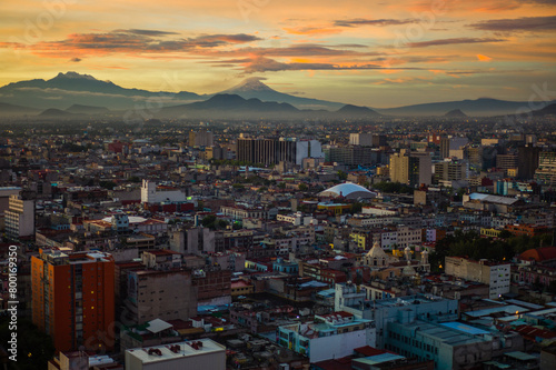 View of Mexico City with volcano in the background