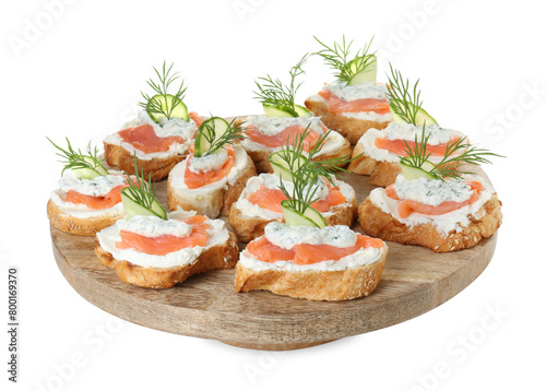 Tasty canapes with salmon, cucumber, cream cheese and dill isolated on white