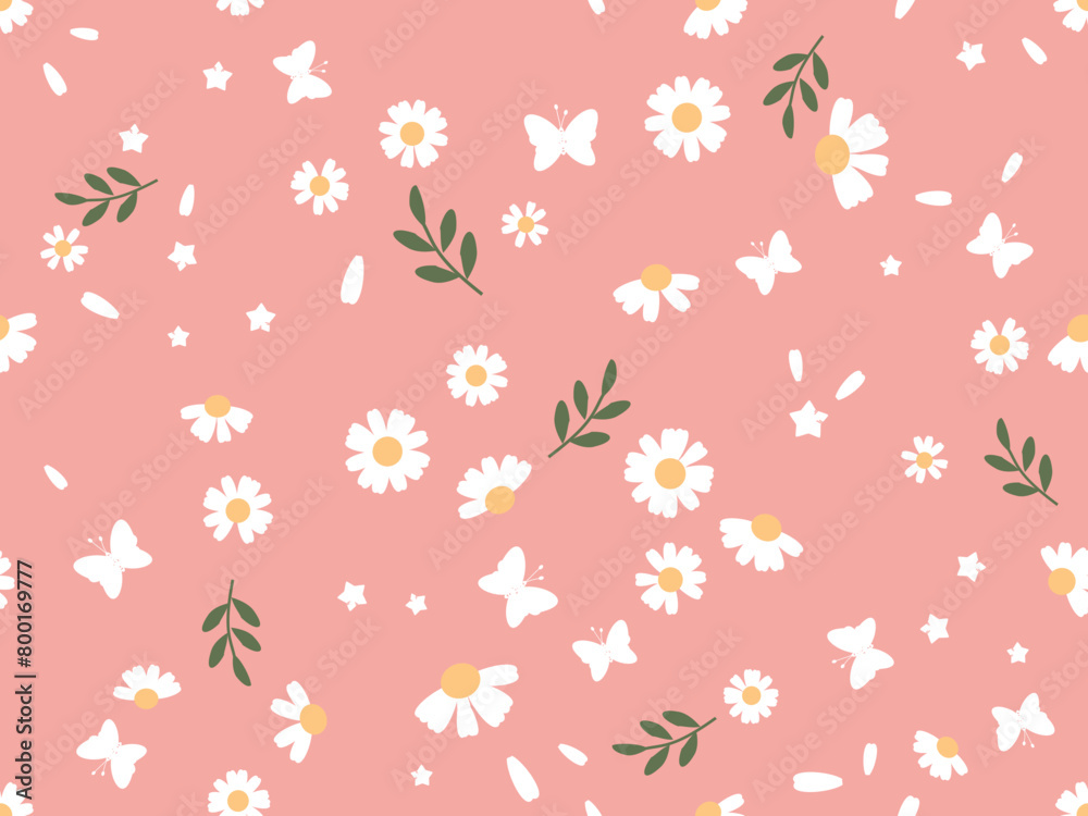 Seamless pattern with daisy flower, green branch and butterfly cartoons on pink background vector.