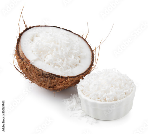 Coconut flakes and nut isolated on white