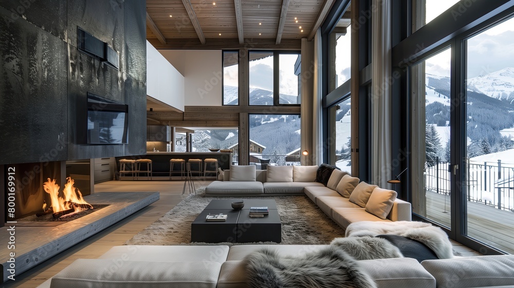Modern ski chalet with a cozy fireplace and panoramic mountain views Modern ski chalet with a cozy fireplace and panoramic mountain views