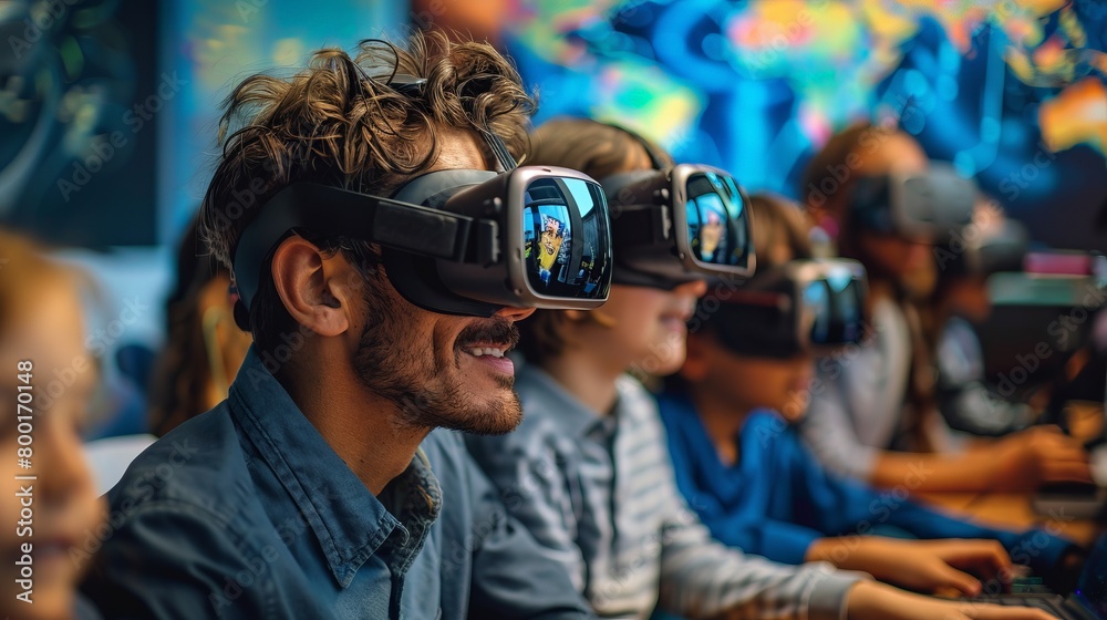 Captivating image of a teacher using virtual reality to expand young students horizons, showing the wonder of learning Captivating image of a teacher using virtual reality to expand young students horizons, showing the wonder of learning