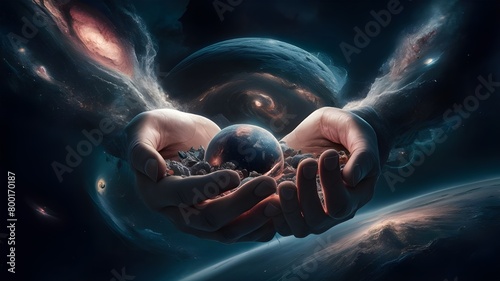 A poster with a world in the hands and the world in the background