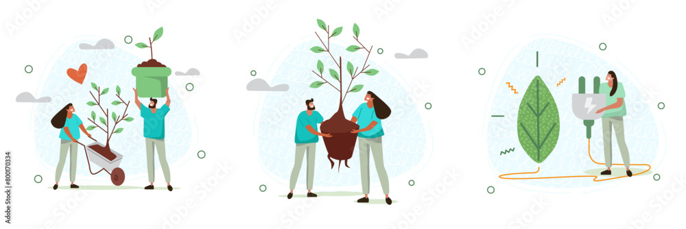 A set of vector illustrations on the theme of ecology and environmental protection on a white background. Flat illustrations with people who care about the planet.