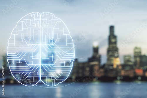Virtual creative artificial Intelligence hologram with human brain sketch on blurry skyscrapers background. Double exposure