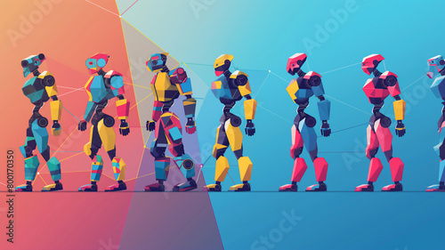Colorful robots in a line, connected by lines on a geometric background.