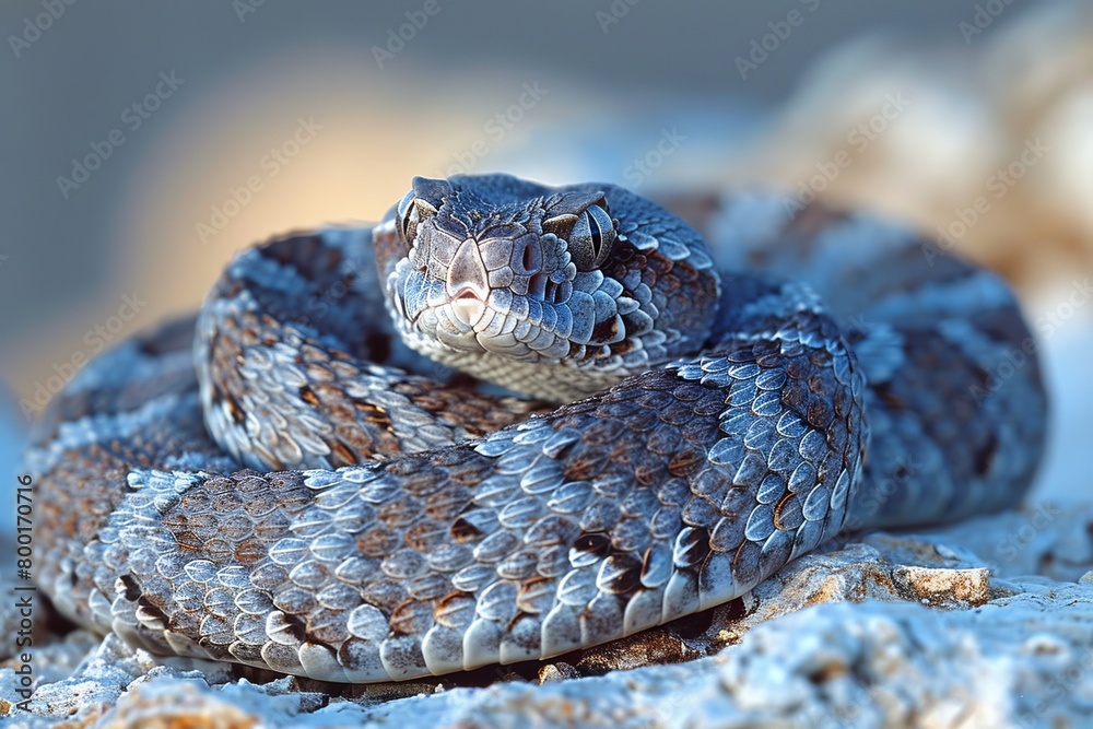 Naklejka premium Western Diamondback Rattlesnake: Coiled in a defensive posture, rattling its tail, emphasizing danger. 