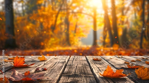 Autumn Splendor: Empty Wooden Table Overlooking a Sunlit Forest with Fallen Leaves. Perfect for Seasonal Backgrounds or Nature Themes. Tranquil, Warm, and Welcoming. AI