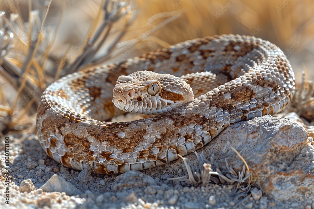 Fototapeta premium Western Diamondback Rattlesnake: Coiled in a defensive posture, rattling its tail, emphasizing danger. 