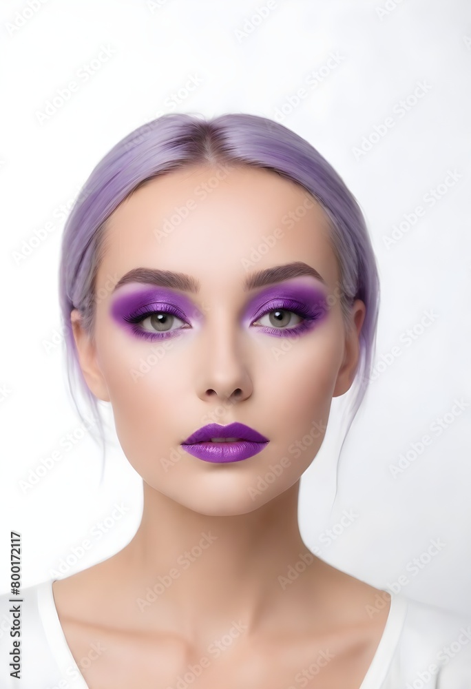 Purple hair, purple makeup, young woman.
