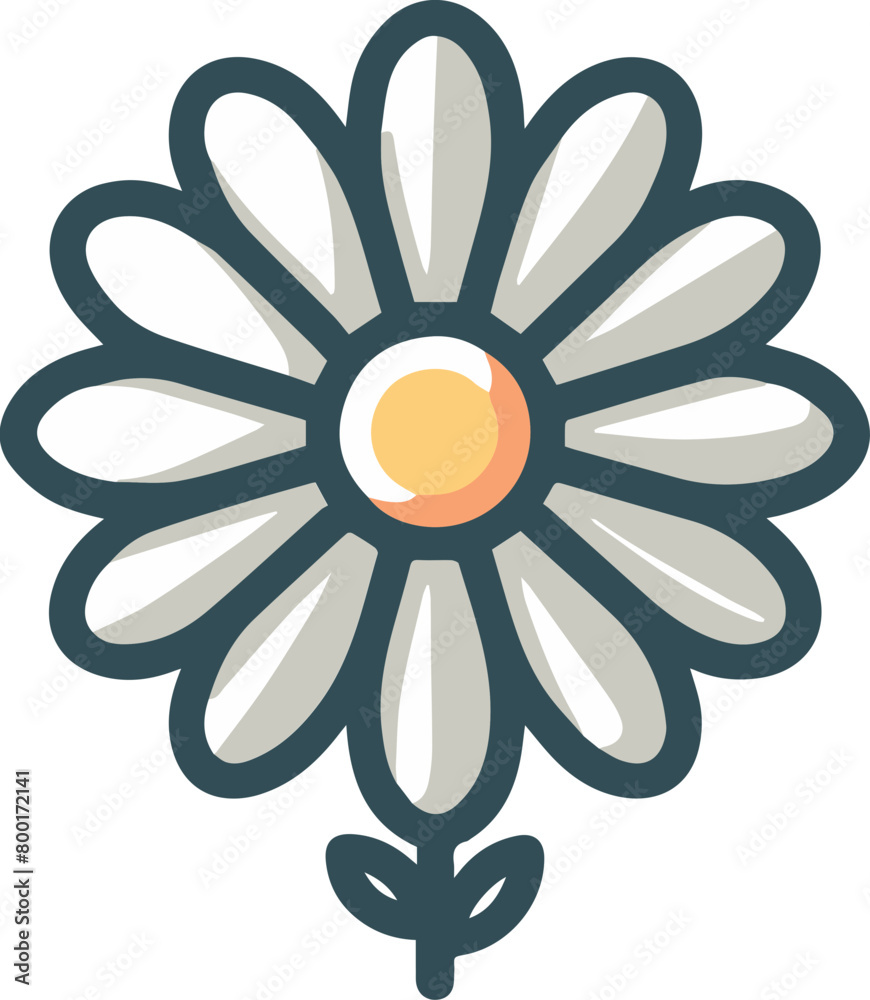 A simple cartoon daisy with white petals, a yellow center, and a dark green stem. A simple cartoon daisy with white petals, a yellow center, and a dark green stem.
