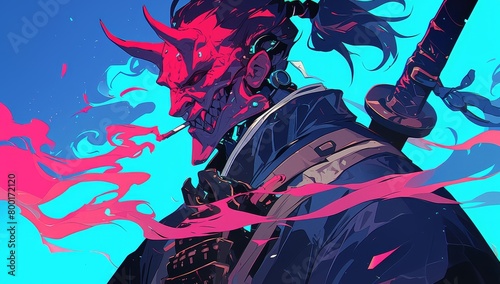 Samurai oni with red skin and horns wearing black tech armor is smoking a cigarette while standing in front of an airbrushed background with blue, pink, and purple colors. 