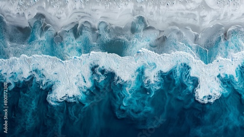 Serene Aerial View of Ocean Waves Freezing into Ice: Transition of Water to Ice Captured from Above, Concept of Winter's Touch photo