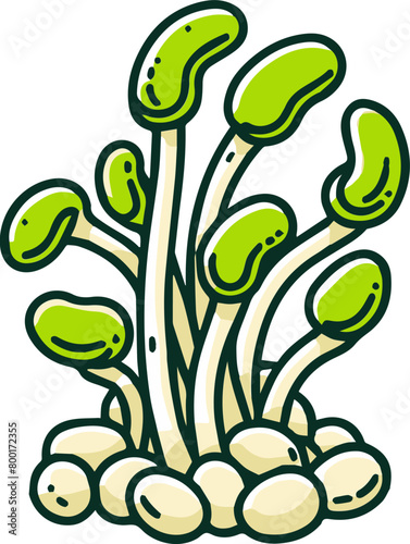A cartoon image of a handful of green bean sprouts growing out of the ground.