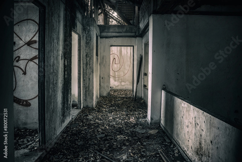 Old abandoned hotel. Shabby walls. Dirty floor. Dark corridors.