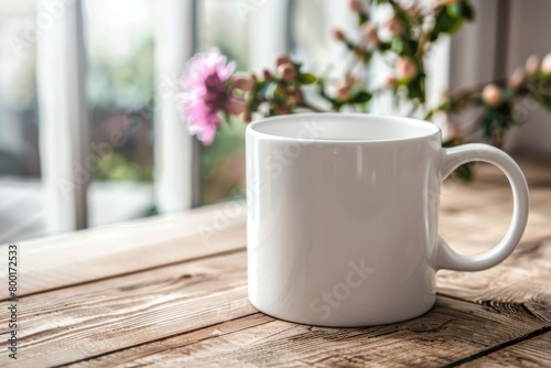 White Blank Mug Mockup in Photographic Scene created with Generative AI