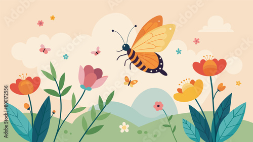 A lone butterfly gently flits from flower to flower whispering enchanting melodies to the gardens resident bees.. Vector illustration