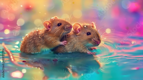 two happy poster graphic rat  on their backs floating in water hugging  bright  vibrant colored background