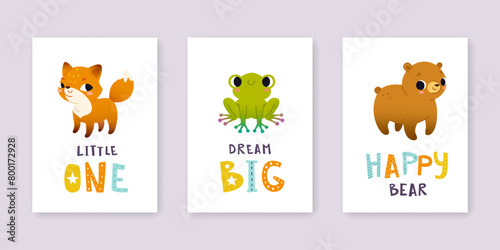 Cute baby animals poster set. Cartoon prints collection with animals.