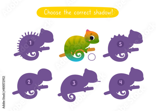 Mini game with cute chameleon for kids. Find the correct shadow of cartoon baby animal. Brainteaser for children.