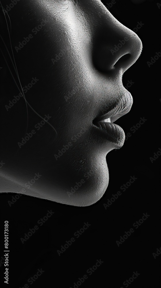 Close-up of a woman's face in profile. Her lips are slightly parted and her eyes are closed. The image is in black and white. Close-up of a woman's face in profile. Her lips are slightly parted and her eyes are closed. The image is in black and white.