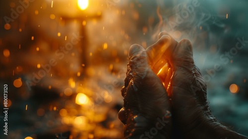 Hands praying and worship of cross, person's hands in prayer with candle in background, defocused human dark 