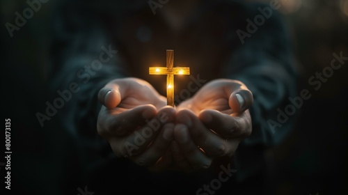 Hands praying and worship of cross, person holding cross with light in their hands, forgiveness salvation priest concept