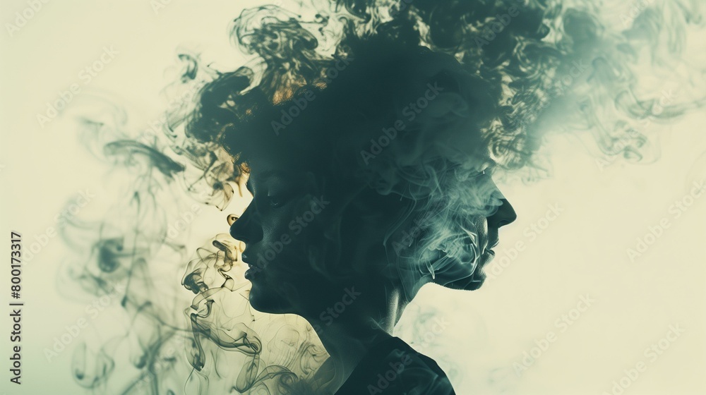 women with smoke coming out of her head, curve mystery flowing burning, double exposure