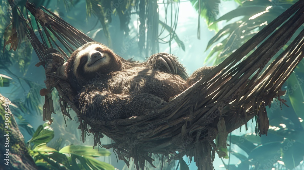 Obraz premium Sloth lounging lazily in a hammock strung between two palm trees in Costa Rica