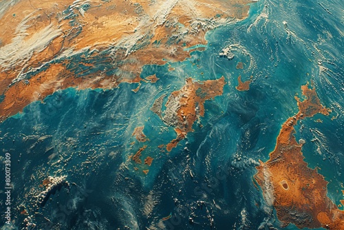 Satellite perspective capturing Earth's textures, the interplay of land and water - Concept of environmental patterns, geography, and abstract art photo