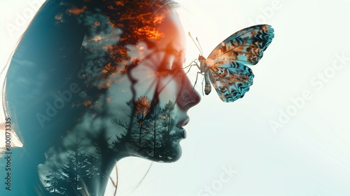woman with butterfly in her hair, concept imagination flying biology fantasy, double exposure