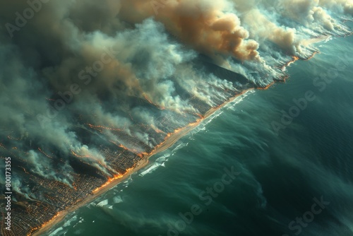 Epic aerial view of wildfire encroaching on a populated coastal city, smoke shrouding over urban landscape, Concept of urban disaster and environmental challenges photo