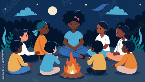 Children gathered around a bonfire listening to elders tell stories of their ancestors experiences during slavery and the significance of Juneteenth.. Vector illustration