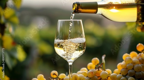 Pouring white wine into a glass in the middle of a lush green vineyard