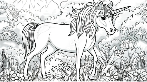 cute unicorn horse, some flowers background, full body, children coloring page, simple lines, black and white photo