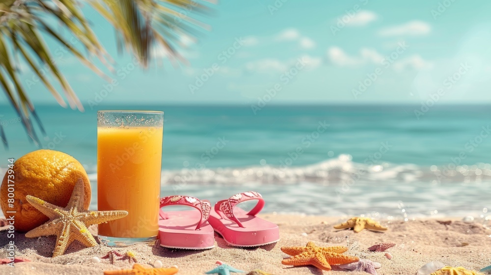 Refreshing summer beach day with orange juice, starfish, and pink flip flops.