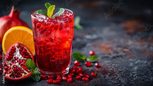 Refreshing pomegranate cocktail with mint and orange on a dark background. photo